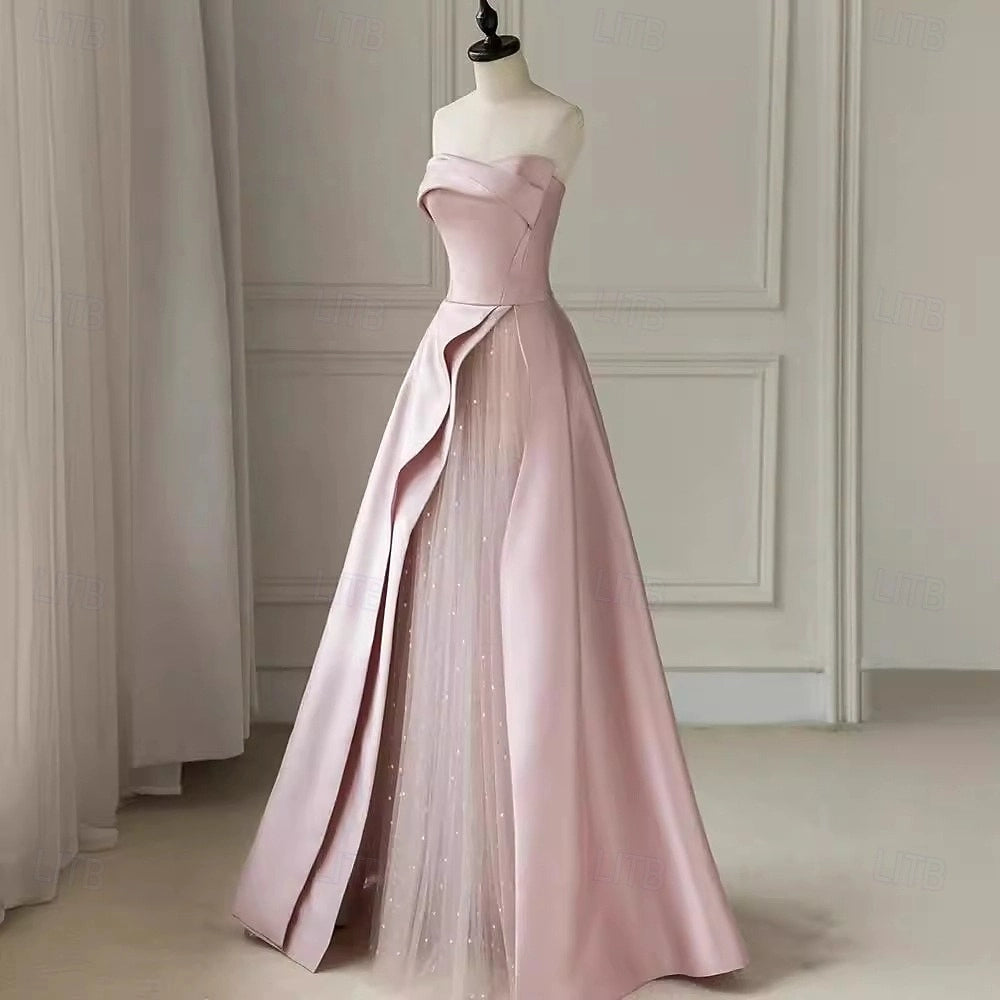 Luxury A-Line Strapless Zip Back Train Satin Prom Dress