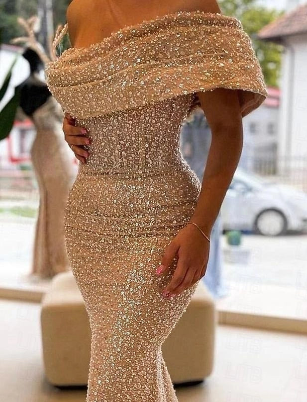 Sparkling Mermaid Off Shoulder Zip Back Long Prom Dress