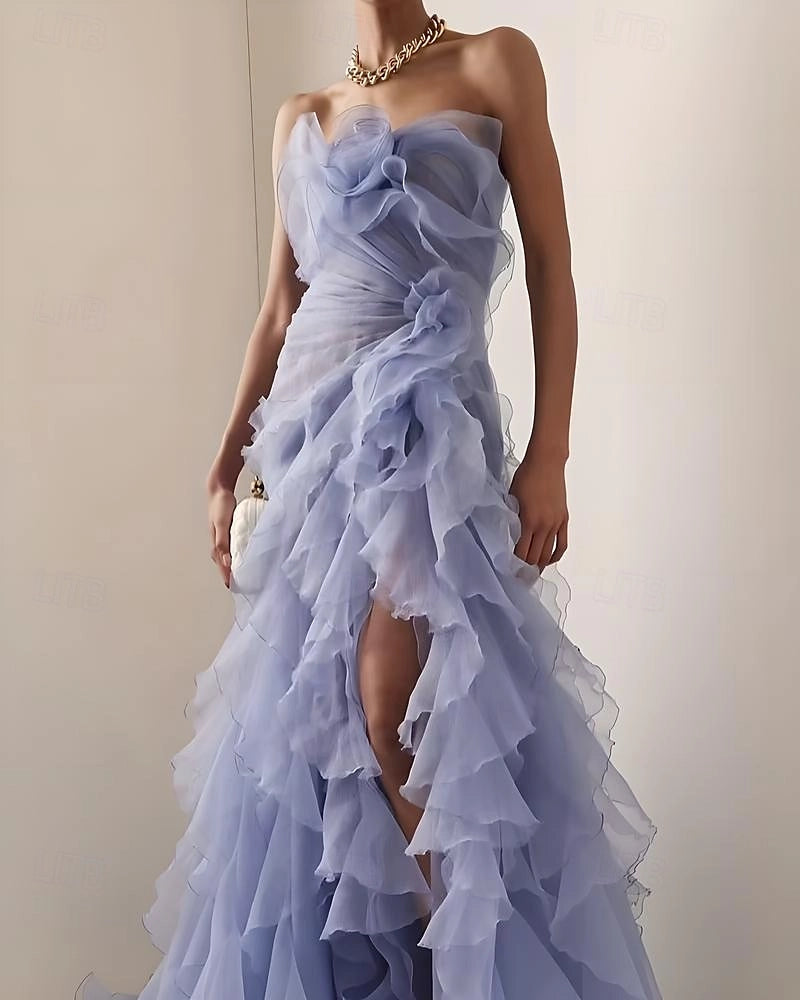 Dreamy Mermaid Strapless Sleeveless Zip Back Train Prom Dress
