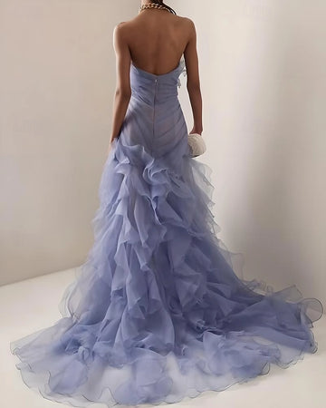 Vedress sheer tulle formal dress deep U zip up back view long flowing prom gown