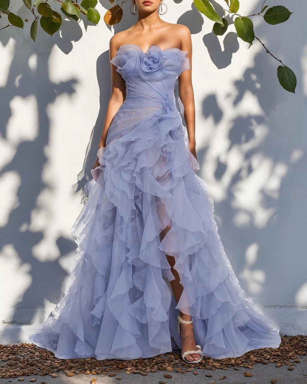 Vedress dusty blue strapless 3D rose tiered ruffle tulle mermaid train fairy prom evening gown
