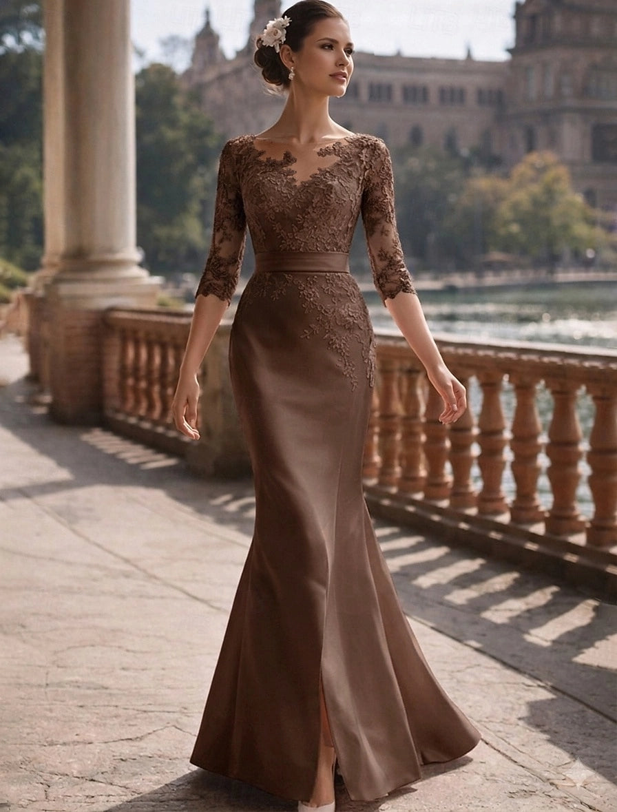 Elegant Mermaid Illusion V Neck 3/4 Sleeve Deep V Back Floor Length Mother Of The Bride Dress