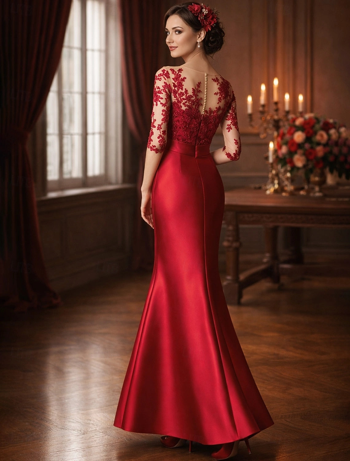 Red Mermaid Illusion V Neck 3/4 Sleeve Sheer Back Floor Length Mother Of The Bride Dress