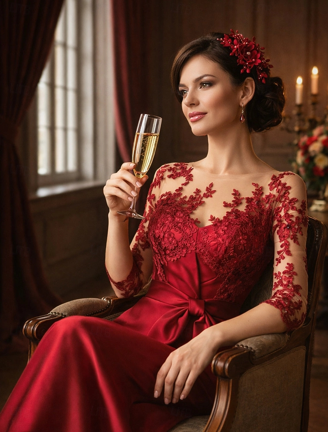 Red Mermaid Illusion V Neck 3/4 Sleeve Sheer Back Floor Length Mother Of The Bride Dress
