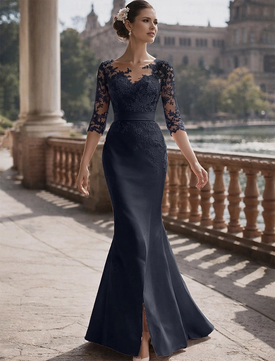 Elegant Mermaid Illusion V Neck 3/4 Sleeve Deep V Back Floor Length Mother Of The Bride Dress