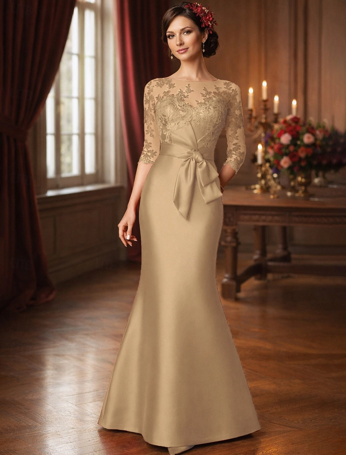 Red Mermaid Illusion V Neck 3/4 Sleeve Sheer Back Floor Length Mother Of The Bride Dress