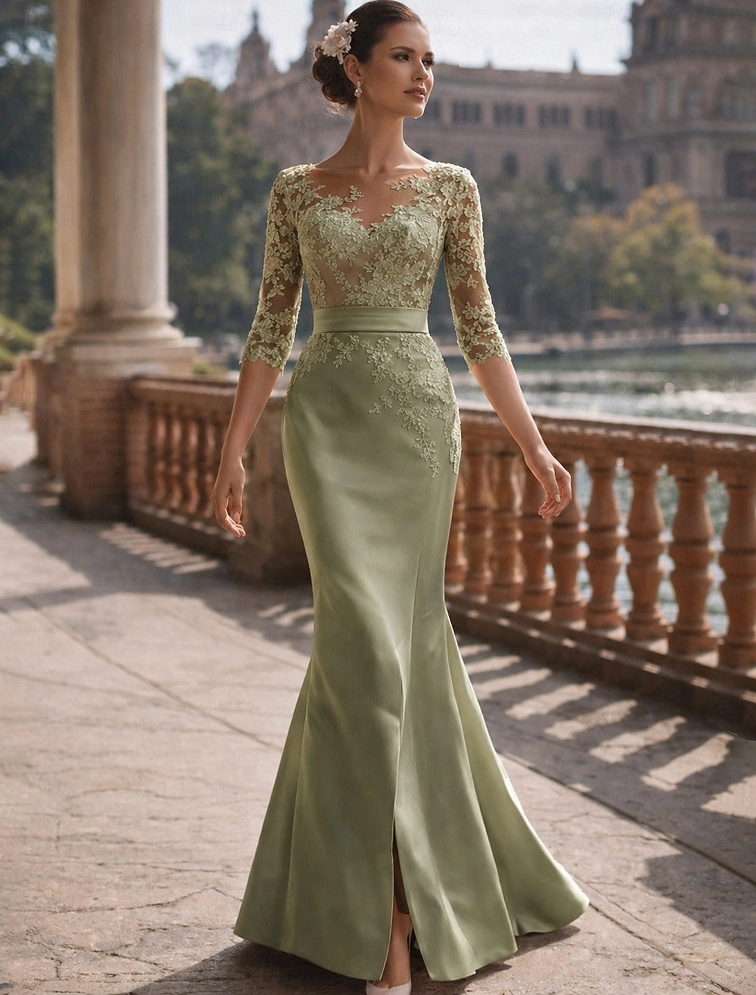 Elegant Mermaid Illusion V Neck 3/4 Sleeve Deep V Back Floor Length Mother Of The Bride Dress