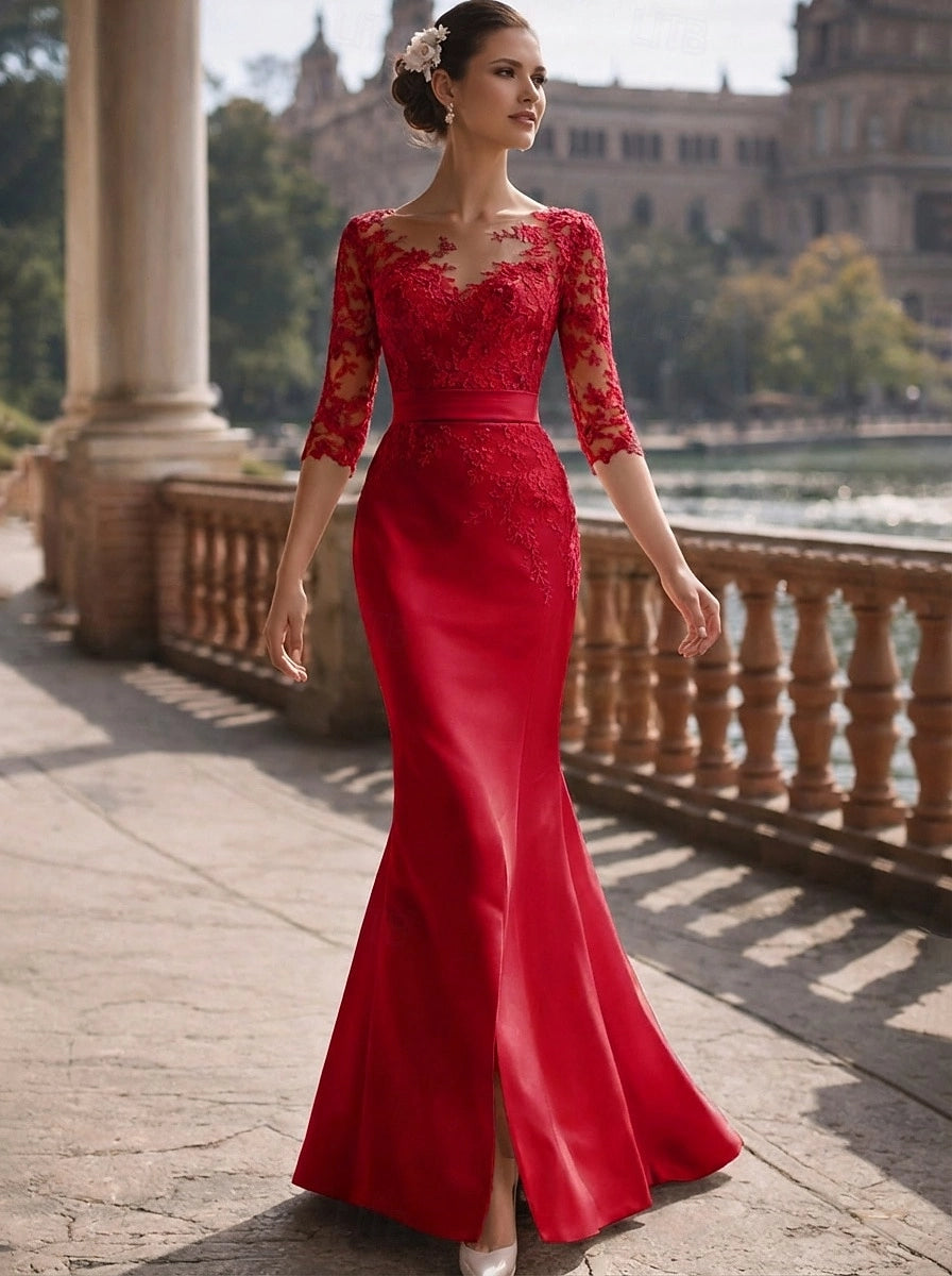 Elegant Mermaid Illusion V Neck 3/4 Sleeve Deep V Back Floor Length Mother Of The Bride Dress