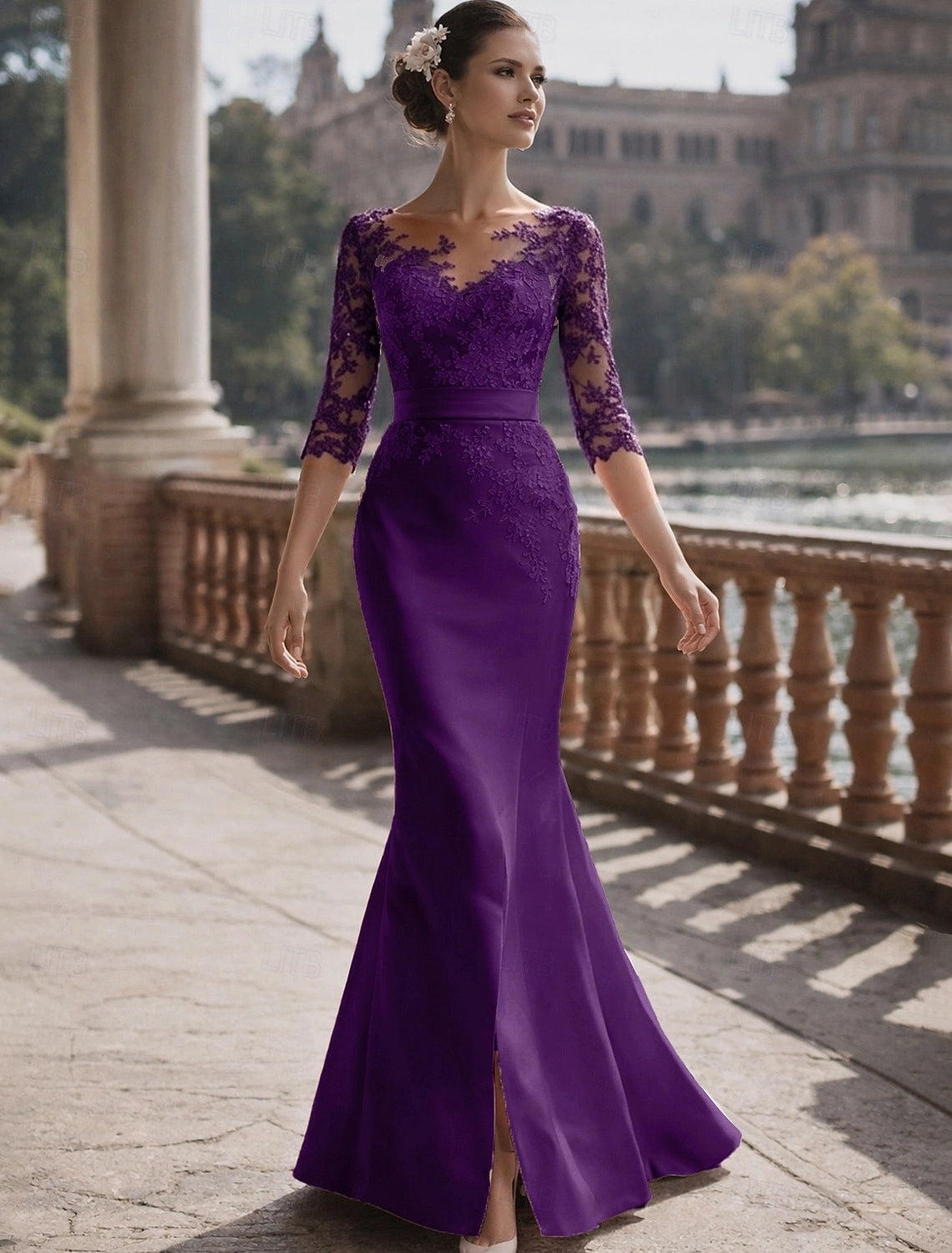 Elegant Mermaid Illusion V Neck 3/4 Sleeve Deep V Back Floor Length Mother Of The Bride Dress