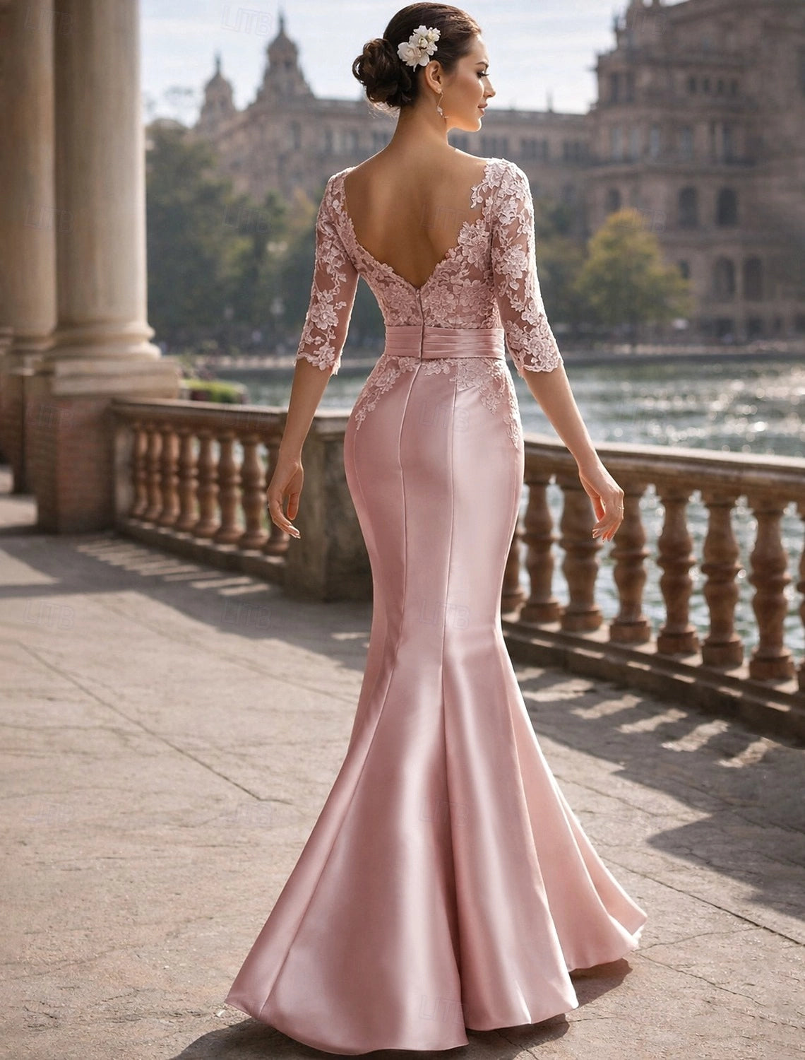 Elegant Mermaid Illusion V Neck 3/4 Sleeve Deep V Back Floor Length Mother Of The Bride Dress