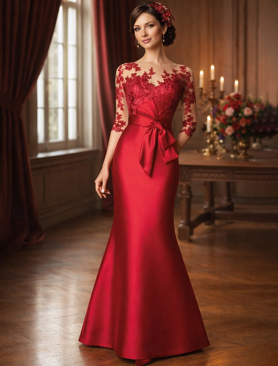 Red Mermaid Illusion V Neck 3/4 Sleeve Sheer Back Floor Length Mother Of The Bride Dress