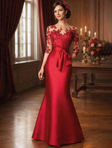 Red Mermaid Illusion V Neck 3/4 Sleeve Sheer Back Floor Length Mother Of The Bride Dress