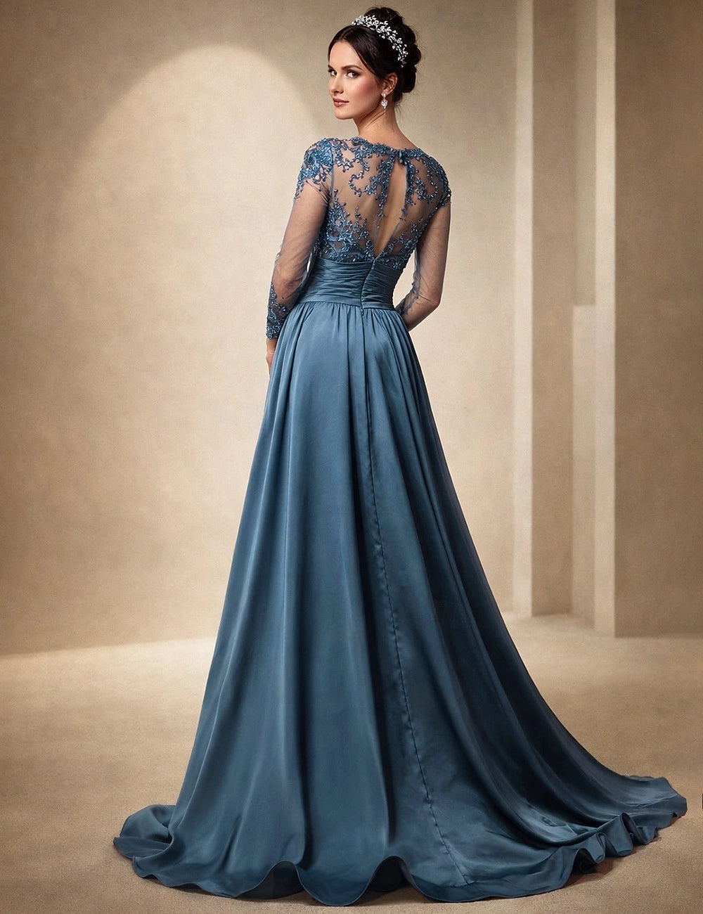 Dusty Blue Mermaid Illusion Neck Long Sleeve Keyhole Back Detachable Train Mother Of The Bride Dress
