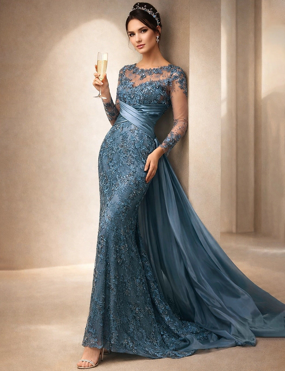 Dusty Blue Mermaid Illusion Neck Long Sleeve Keyhole Back Detachable Train Mother Of The Bride Dress