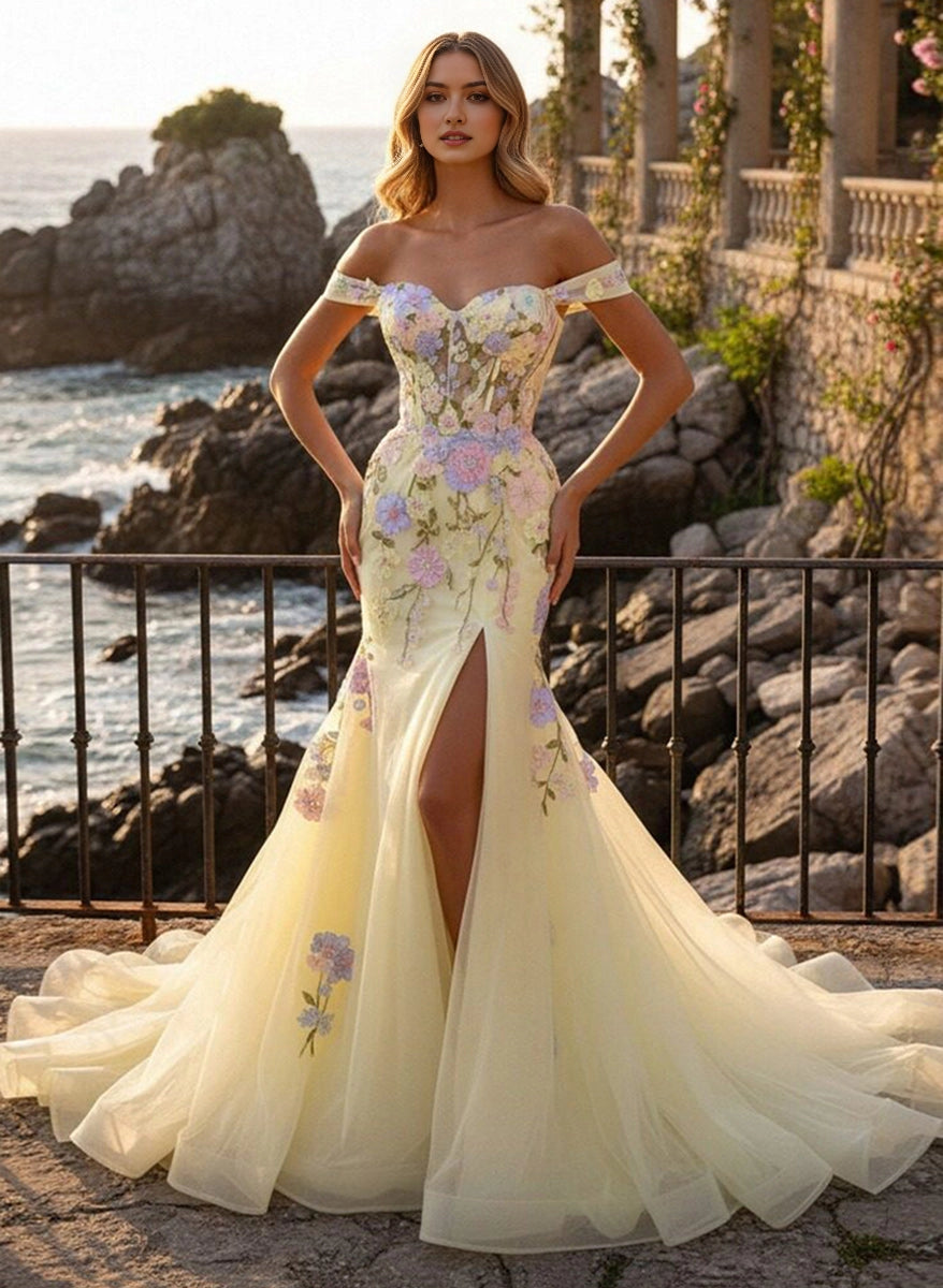 Vedress pale yellow off‑the‑shoulder mermaid prom gown,3D pastel flower appliques,sheer corset lace‑up back,front thigh slit flowy tulle long formal dress