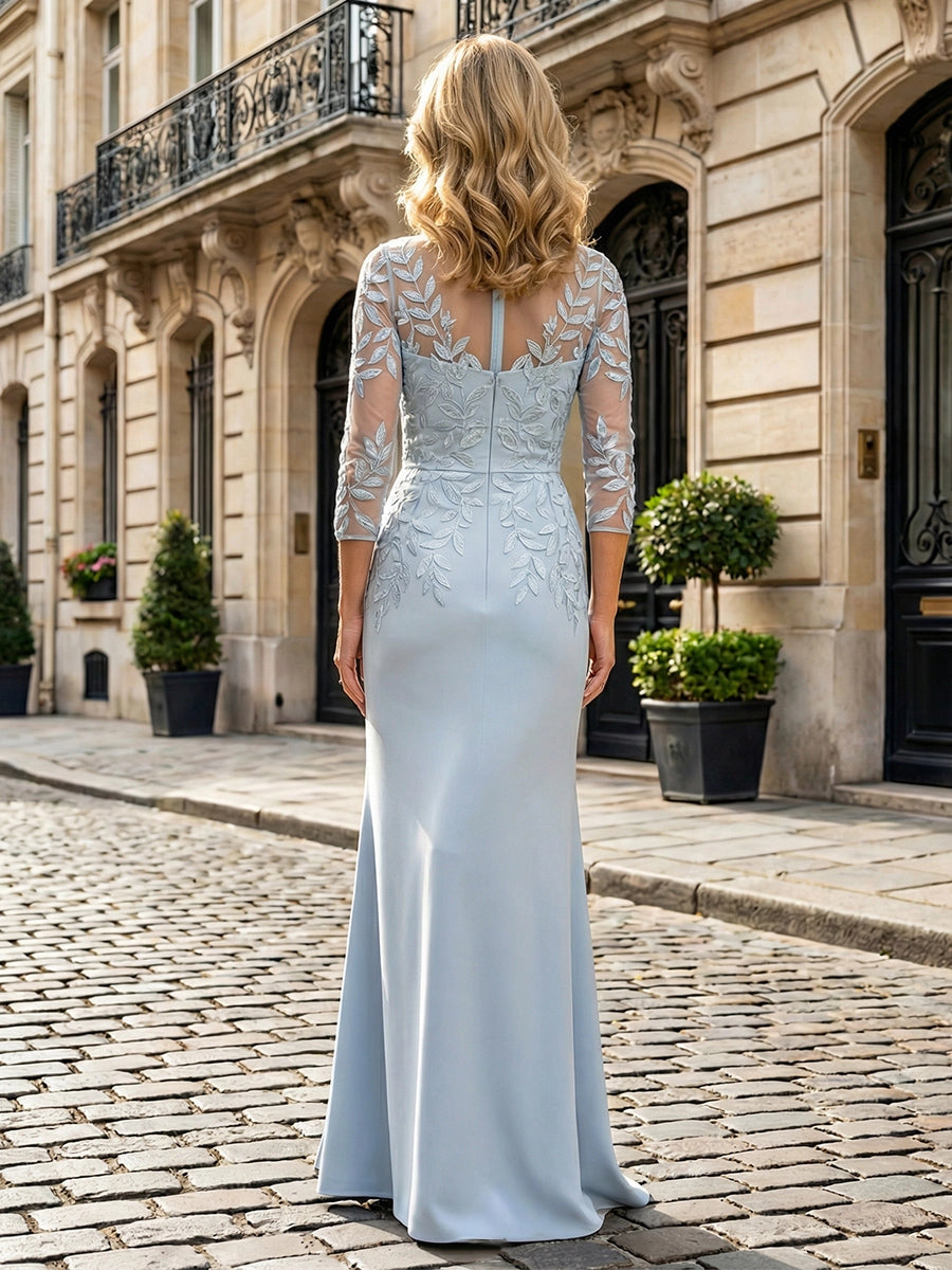 Rear view Vedress leaf embroidered lace mermaid dress,mesh keyhole back invisible zipper mother‑of‑the‑bride outfit