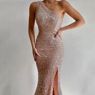 Glitter Mermaid One Shoulder Sleeveless Open Back Long Prom Dress