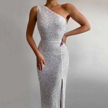 Glitter Mermaid One Shoulder Sleeveless Open Back Long Prom Dress