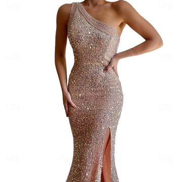 Vedress rose gold sequin one shoulder mermaid prom dress high slit formal gown