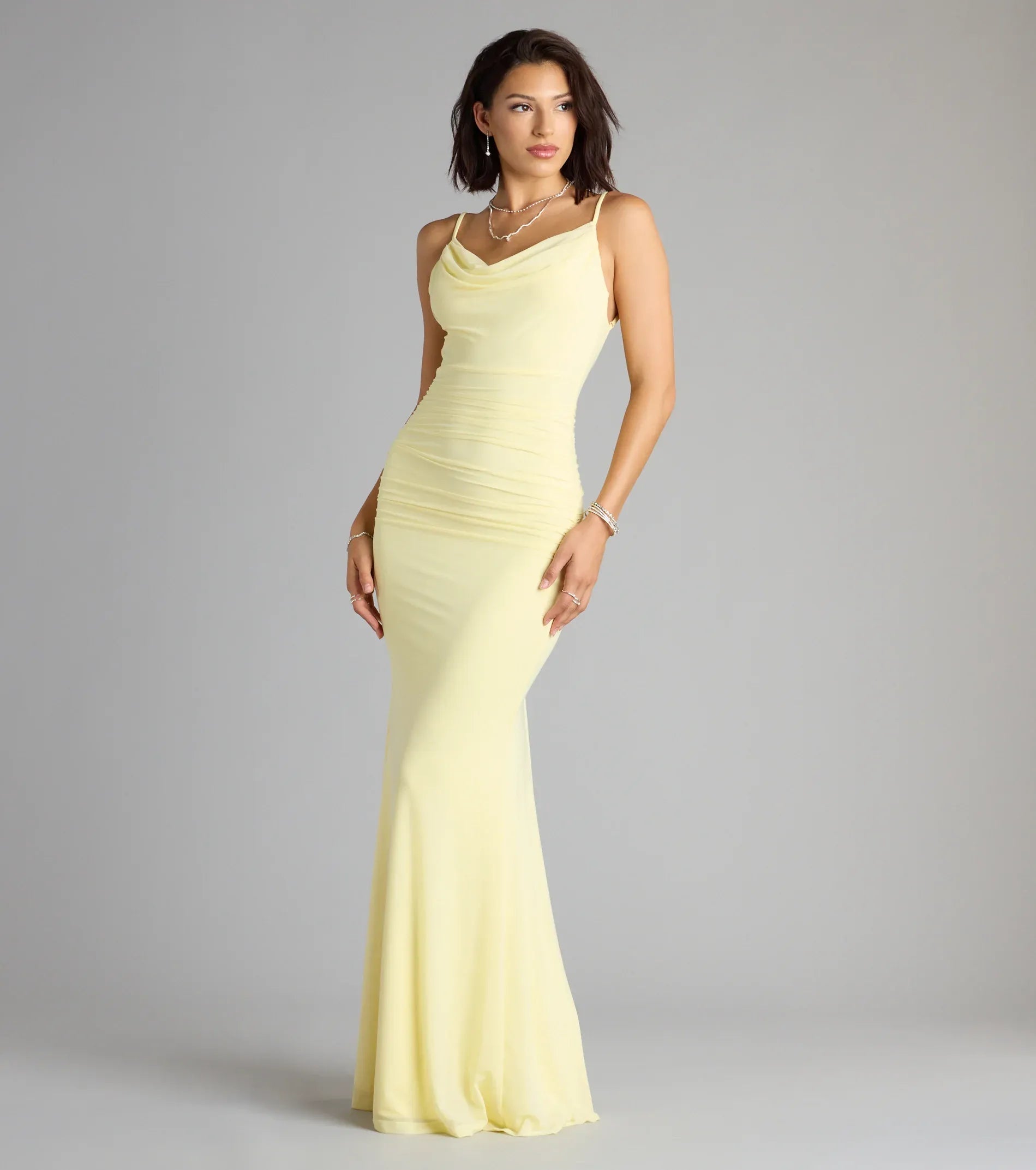 Elegant Mesh Mermaid Cowl Neck Ruched Backless Maxi Evening Dress