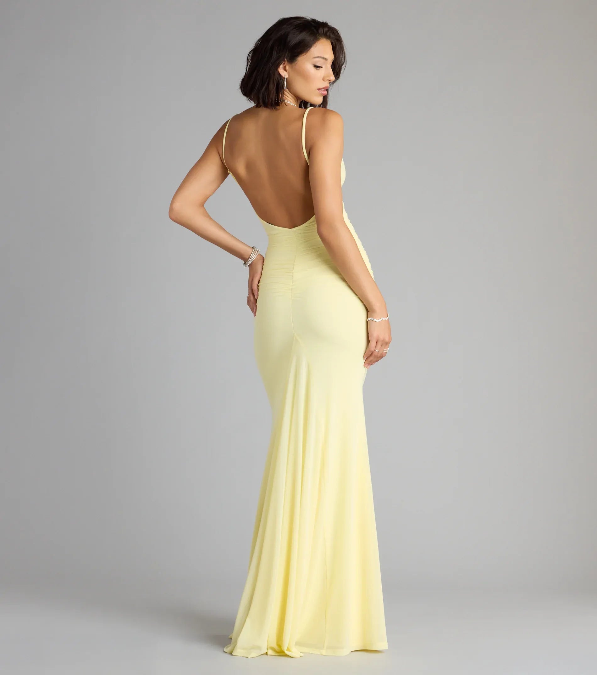 Elegant Mesh Mermaid Cowl Neck Ruched Backless Maxi Evening Dress