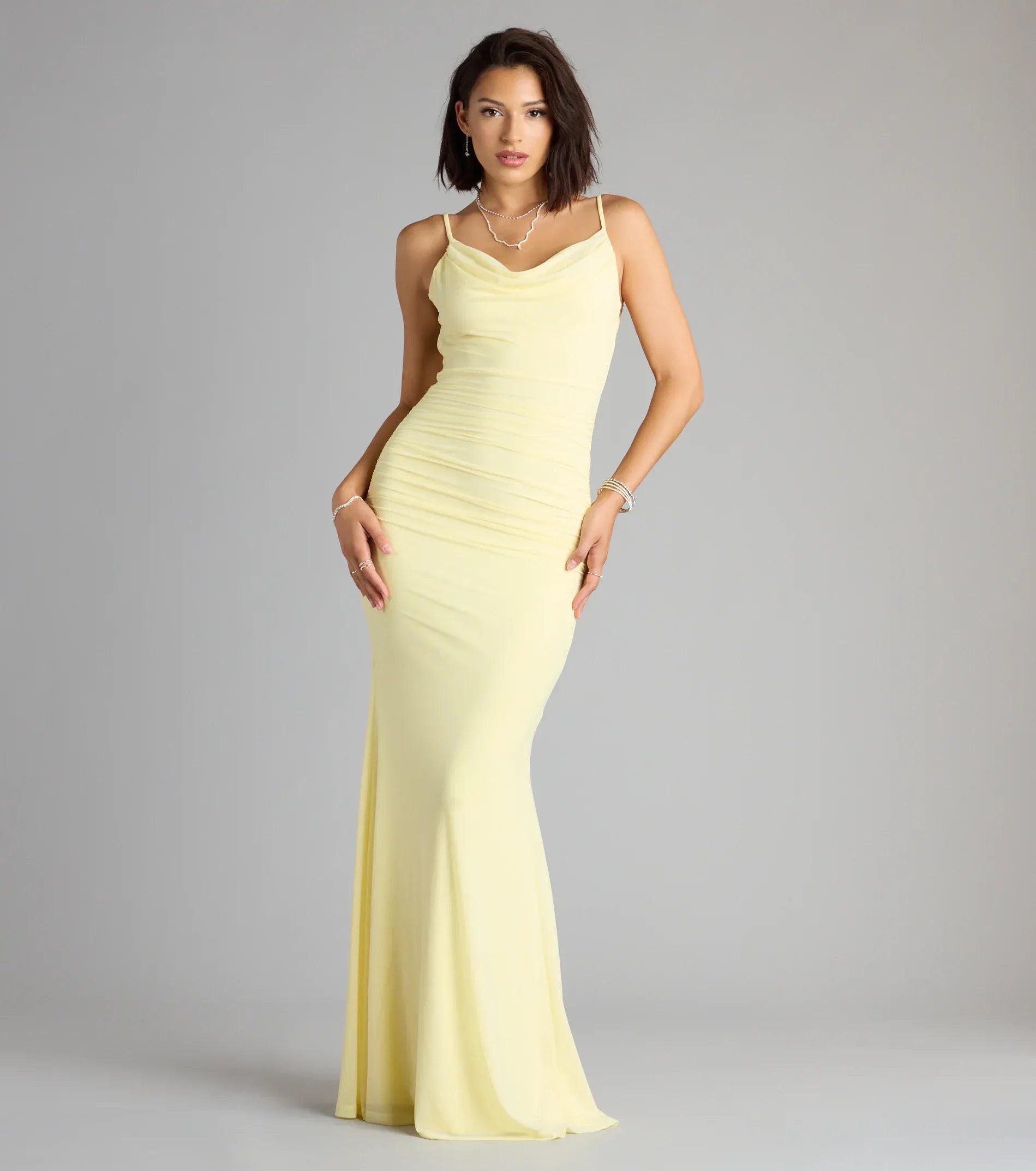 Elegant Mesh Mermaid Cowl Neck Ruched Backless Maxi Evening Dress