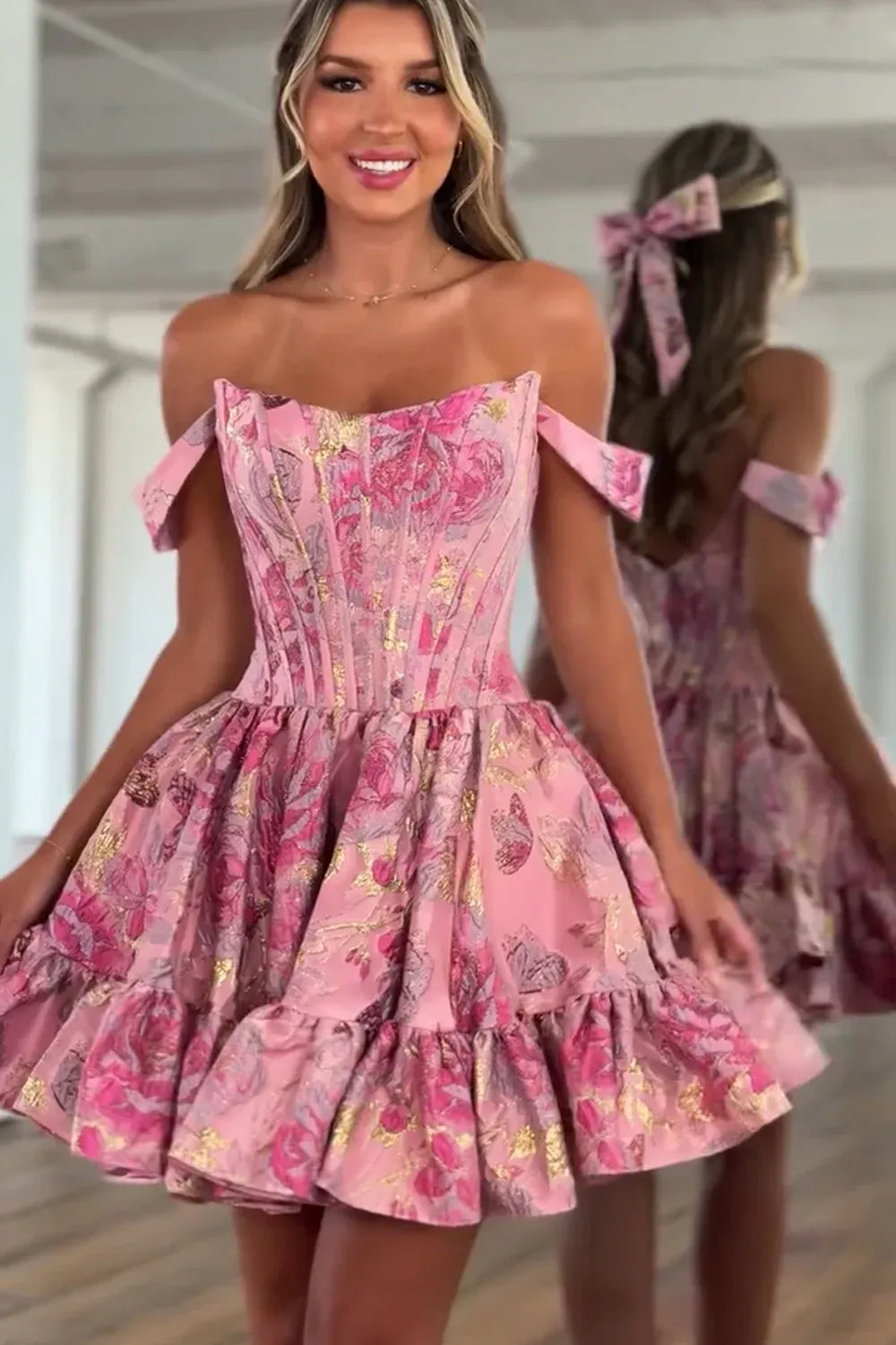 Metallic Floral A-Line Off Shoulder Boned Corset Ruffle Mini Homecoming Dress