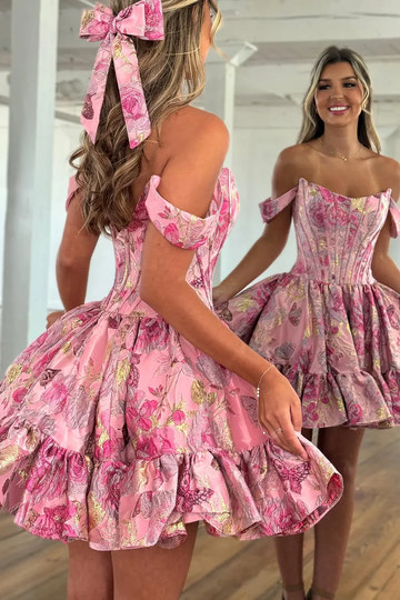 Metallic Floral A-Line Off Shoulder Boned Corset Ruffle Mini Homecoming Dress