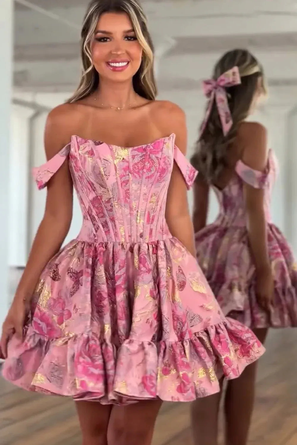 Metallic Floral A-Line Off Shoulder Boned Corset Ruffle Mini Homecoming Dress