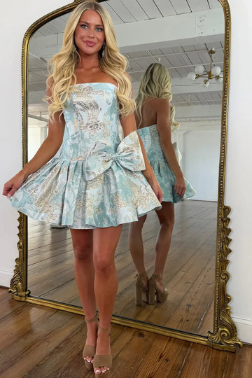 Metallic Paisley A-Line Strapless Structured Corset Bow Swing Mini Homecoming Dress