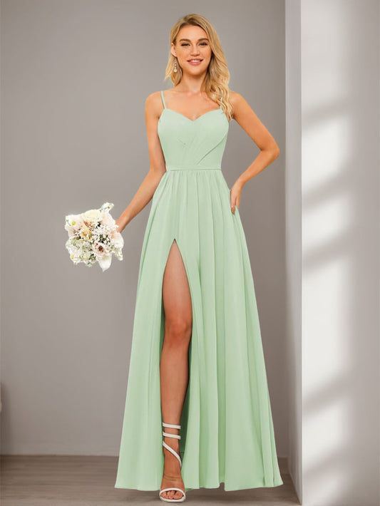 A Line/Princess Chiffon V Neckline Sleeveless Floor-Length Bridesmaid Dresses With Slit