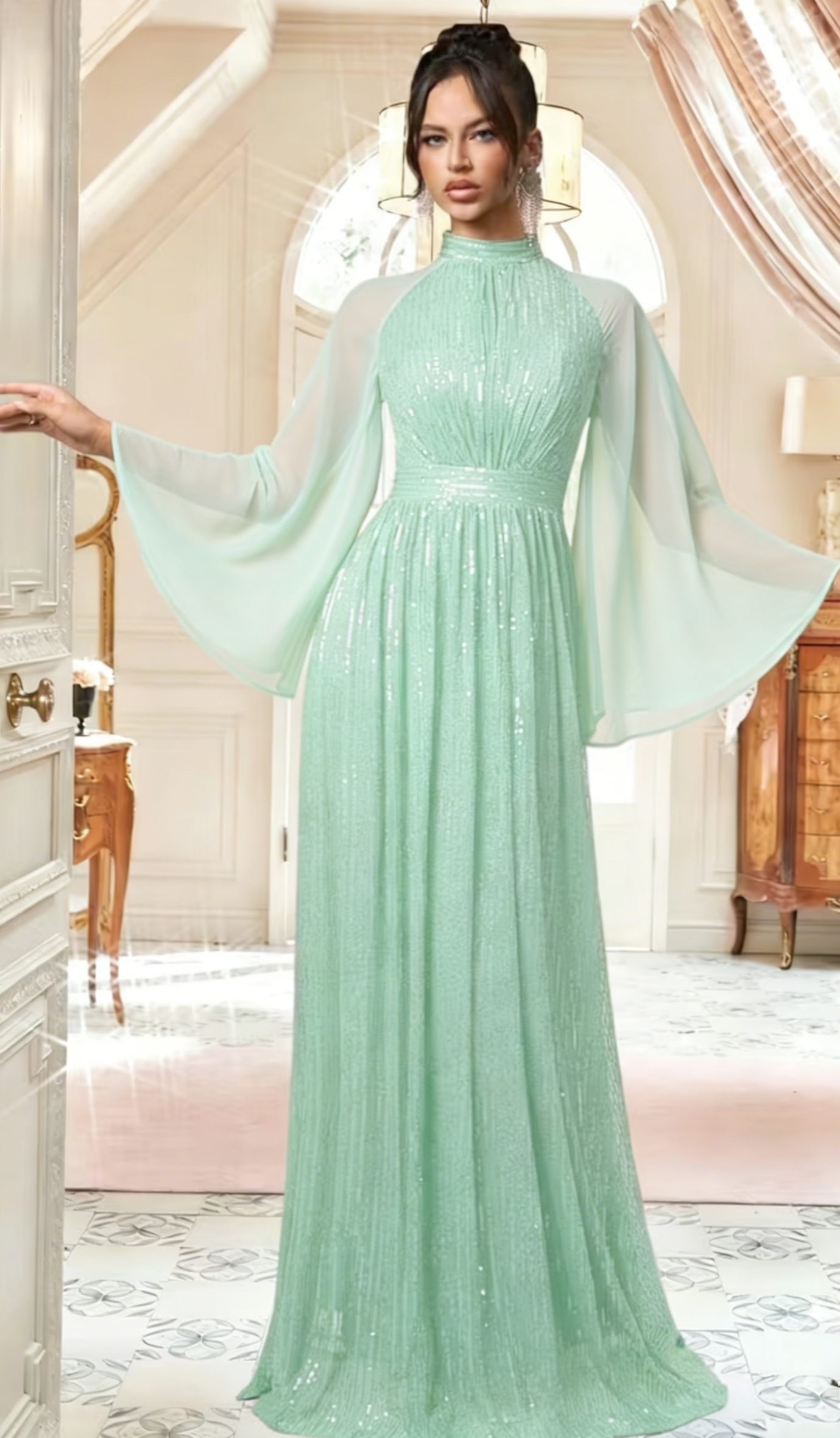Women's High-Neck Sequin Evening Gown with Long Sleeve Chiffon Cape Floor length Evening Gown Prom Dress