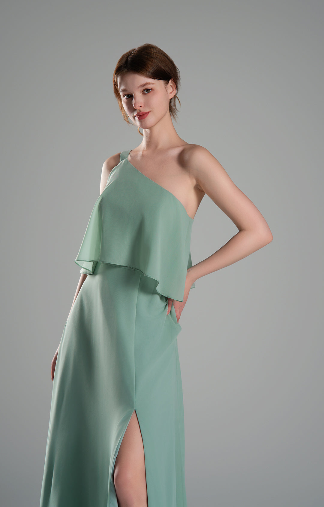 One Shoulder Chiffon Bridesmaid Dress with Slit Elegant Long Formal Evening Gown Flowing A-Line Dresses