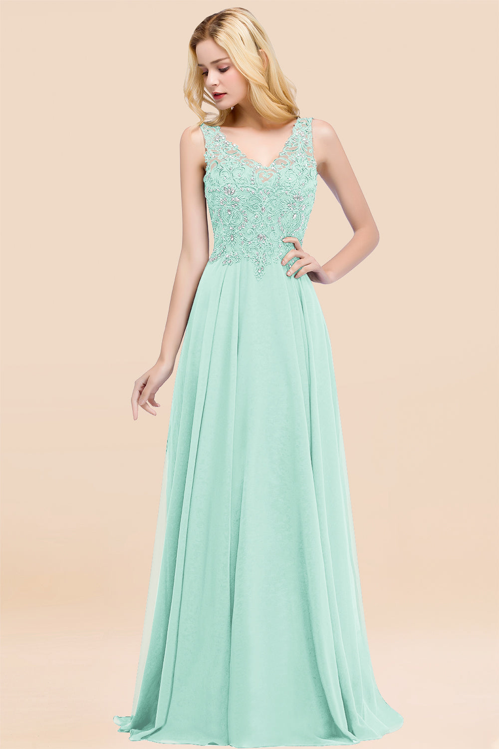 A-line V Neck Sleeveless Chiffon Applique Lace Floor Length Bridesmaid Dresses