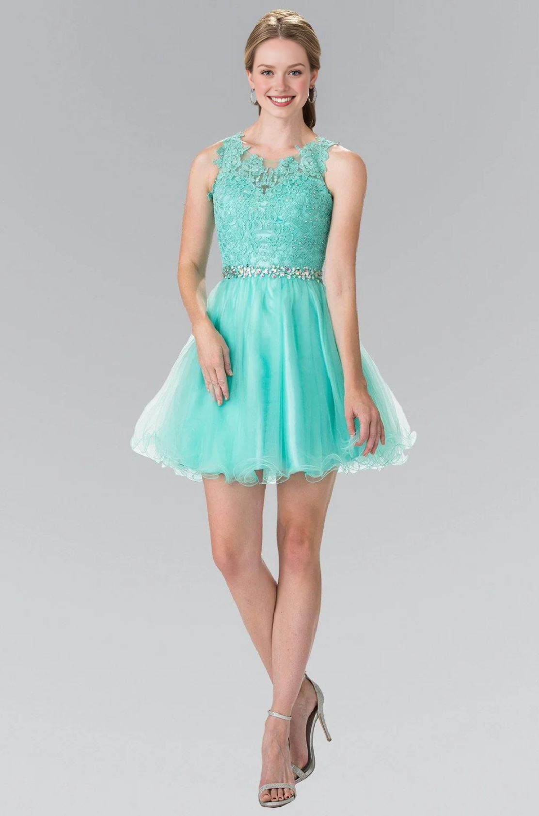Elegant Lace Applique Tulle Scoop Neck Sleeveless Open Back Short Formal A Line Short Cocktail Dress