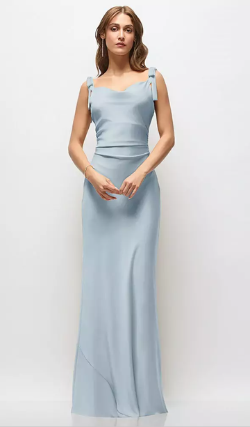 Women's Satin Cowl Neck Maxi Dress with Bow Shoulder Straps & Ruched Waist Formal Evening Gown Bridesmaid Dresses