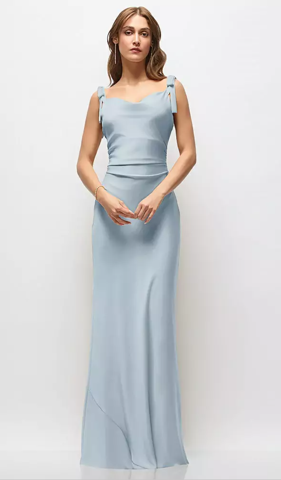 Women's Satin Cowl Neck Maxi Dress with Bow Shoulder Straps & Ruched Waist Formal Evening Gown Bridesmaid Dresses