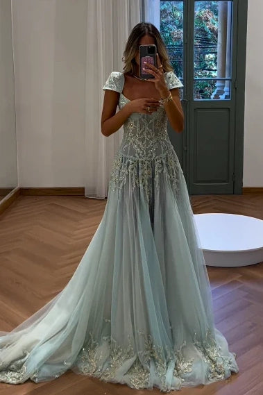 A-Line Tulle Prom Dress Cap Sleeves Beaded Lace Appliques V Neck Evening Gown with Train