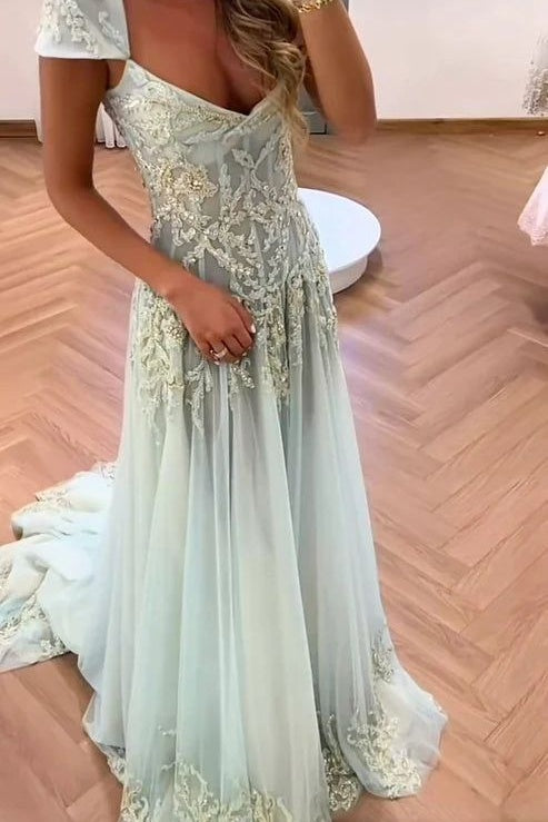 A-Line Tulle Prom Dress Cap Sleeves Beaded Lace Appliques V Neck Evening Gown with Train