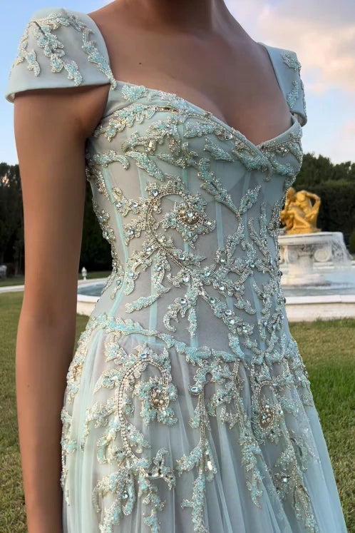 Vestido de Fiesta de Tul Corte A con Mangas Cortas de Gorra, Aplicaciones de Encaje Bordadas, Escote en V y Cola