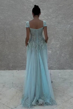 A-Line Tulle Prom Dress Cap Sleeves Beaded Lace Appliques V Neck Evening Gown with Train