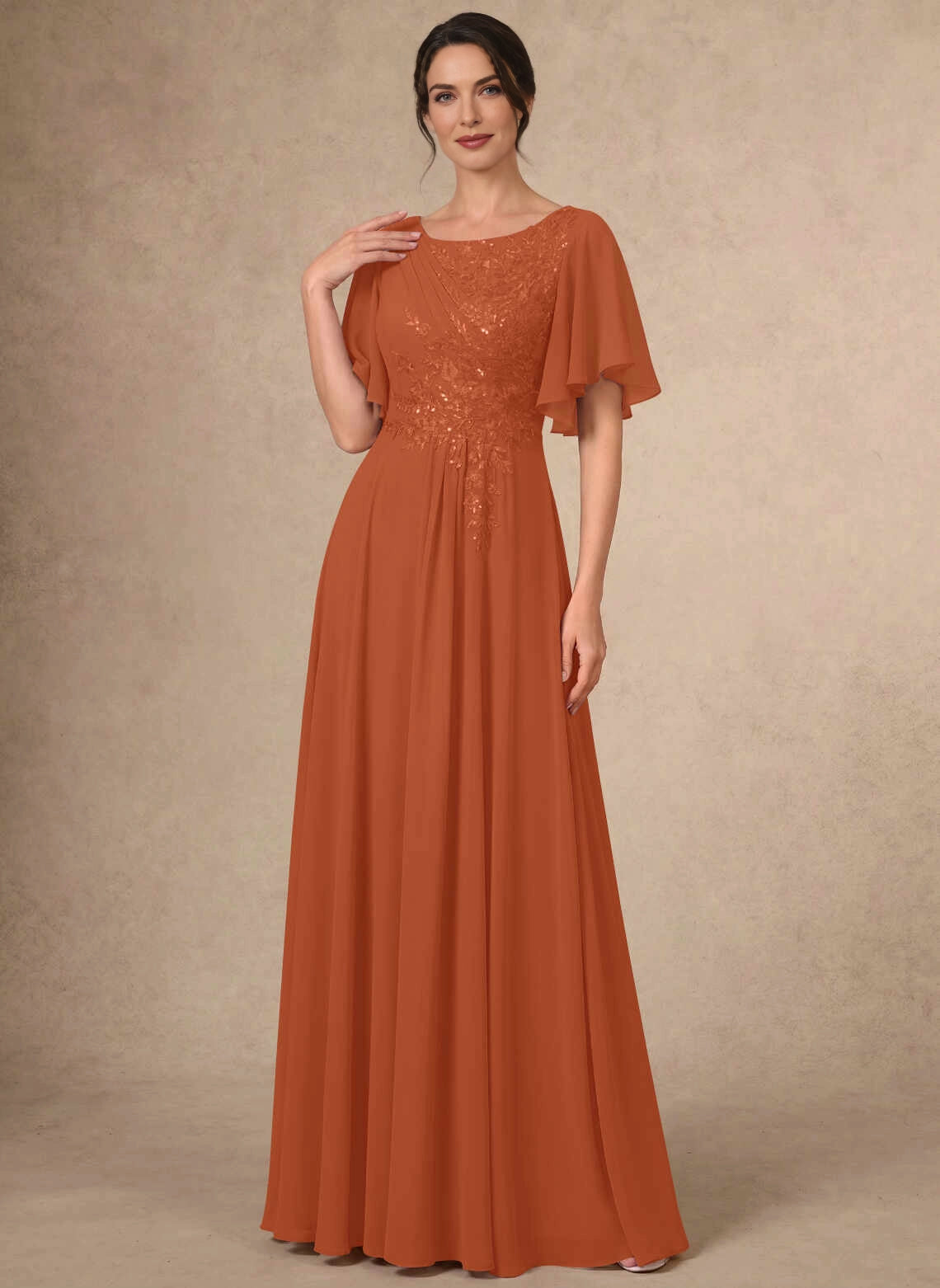 Vedress Burnt Orange Flutter Sleeve Lace Chiffon Mother Dress Front View