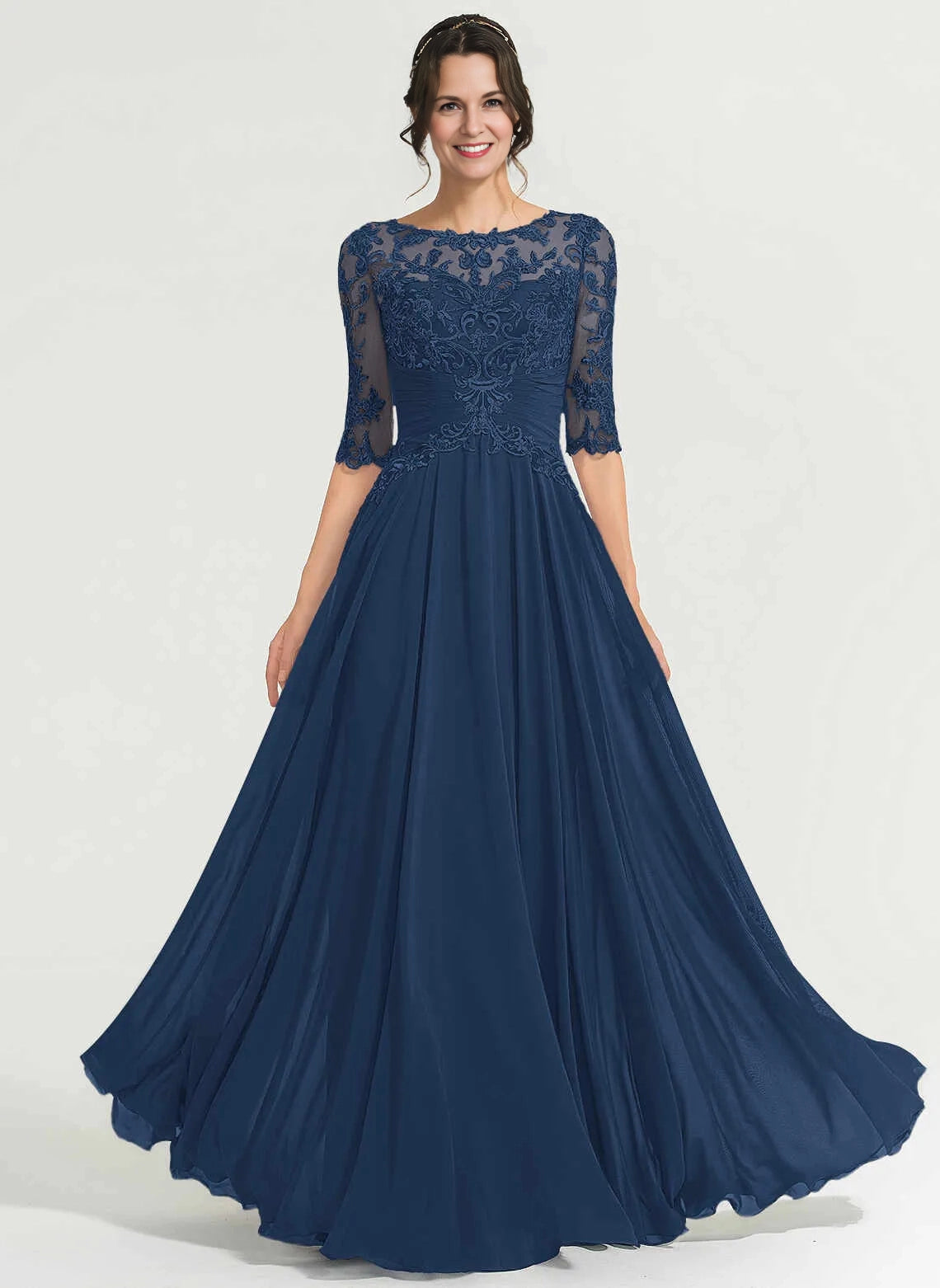 Vedress Navy Illusion Neck Half‑Sleeve Lace Chiffon Mother Dress Front View