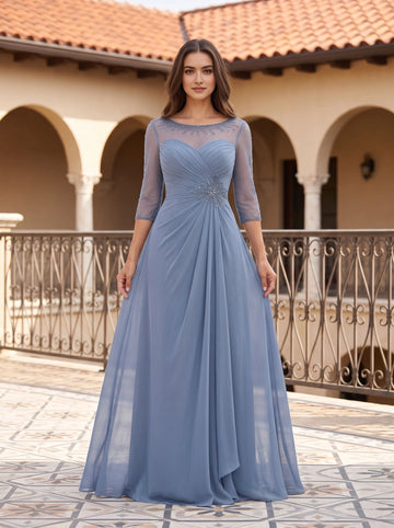Vedress dusty blue chiffon a line bateau neck 3/4 sleeve beaded mother of the bride long dress