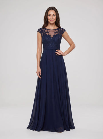 Vedress navy chiffon mother of the bride dress illusion neck cap sleeve lace sequin a‑line floor‑length formal gown