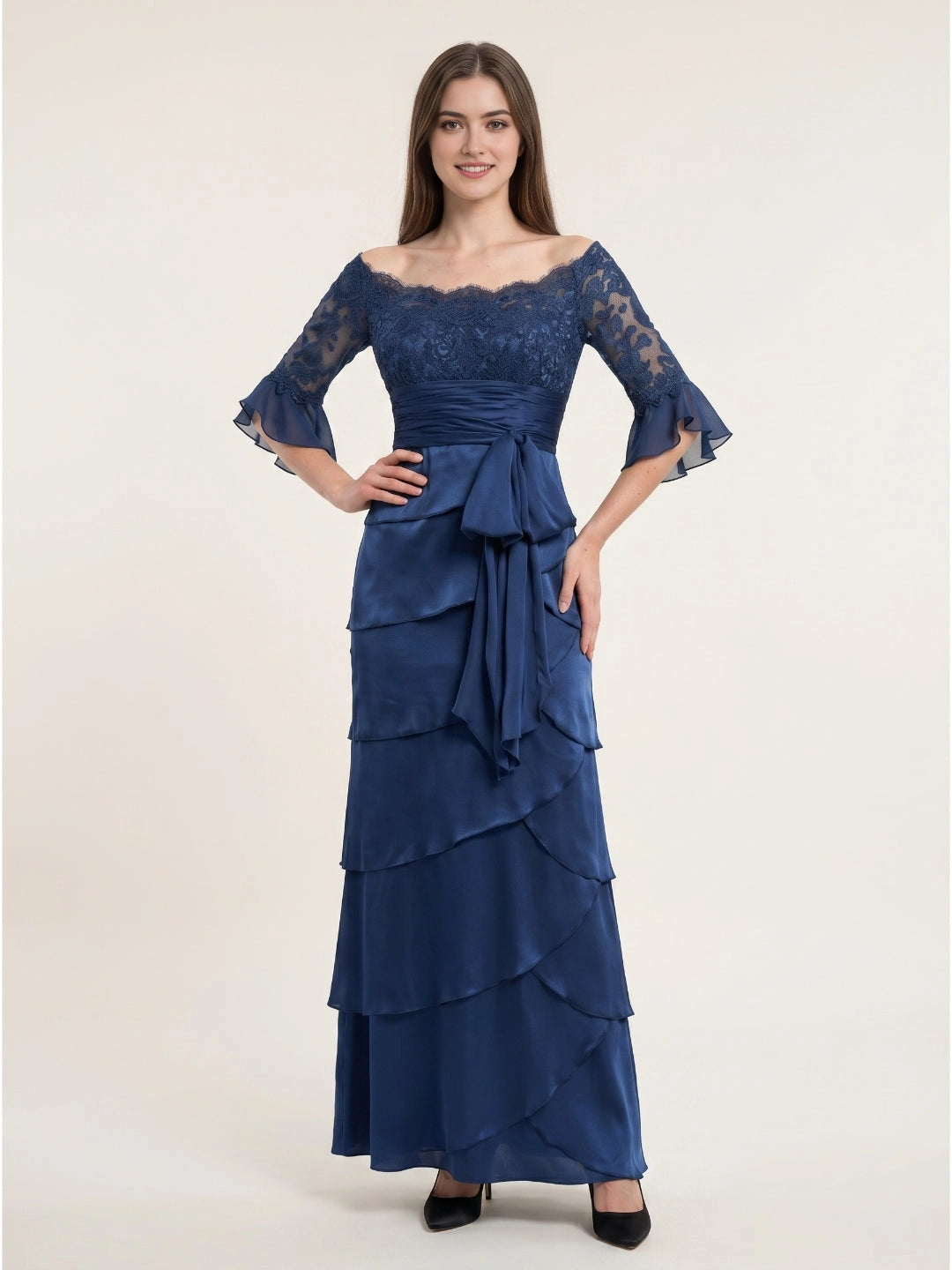 Vedress navy blue mother of the bride dress off‑the‑shoulder lace flare sleeve tiered long gown with waist bow sash