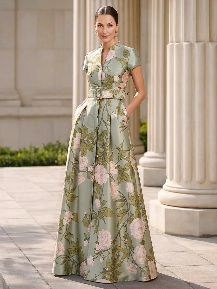 Vedress sage green floral satin a‑line mother of the bride dress with belt and pockets
