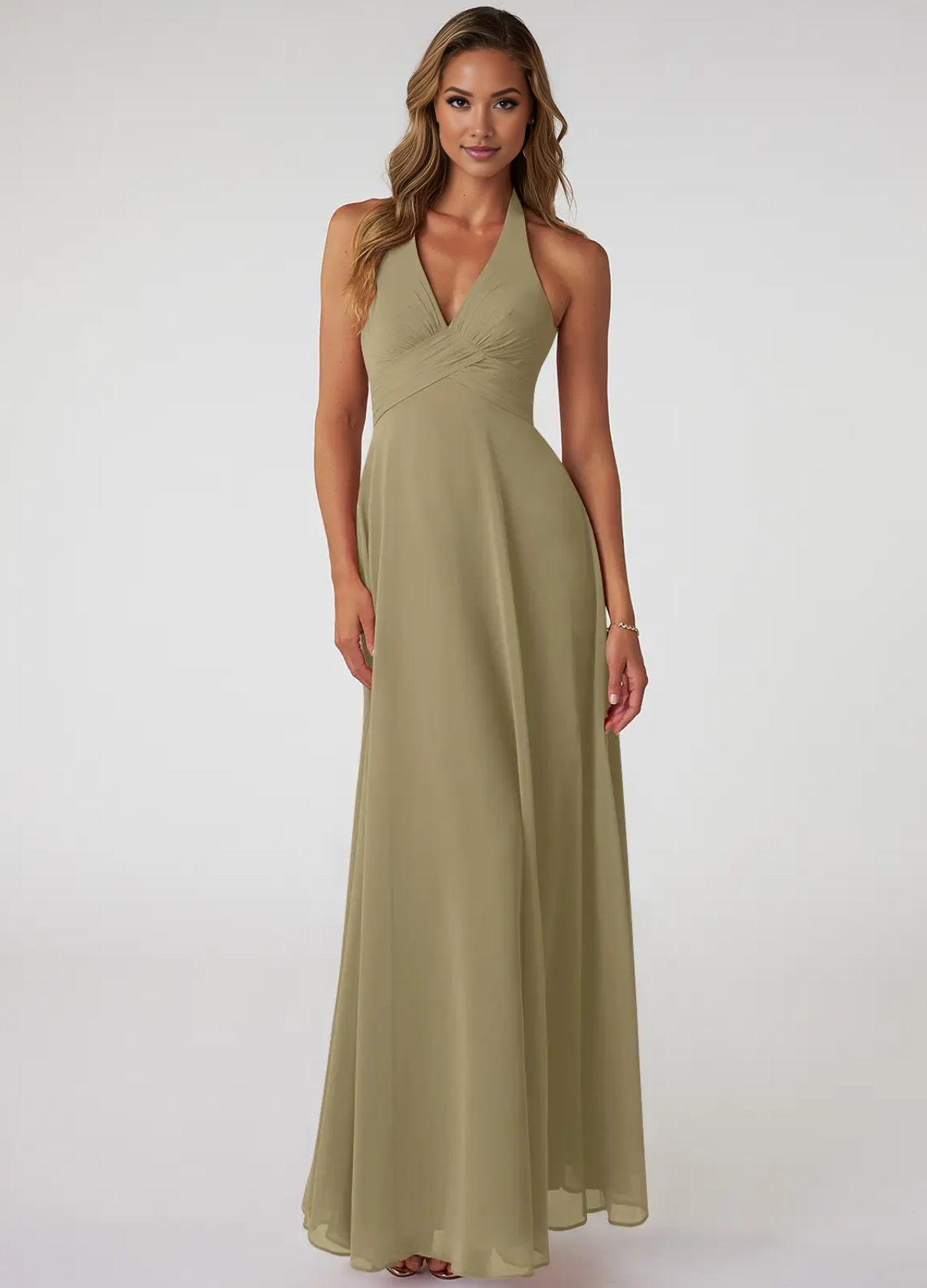 Women's  V-Neck Pleated Chiffon Coctail Bridesmaid Dresses Ruching A-Line Maxi Formal Evening Gown
