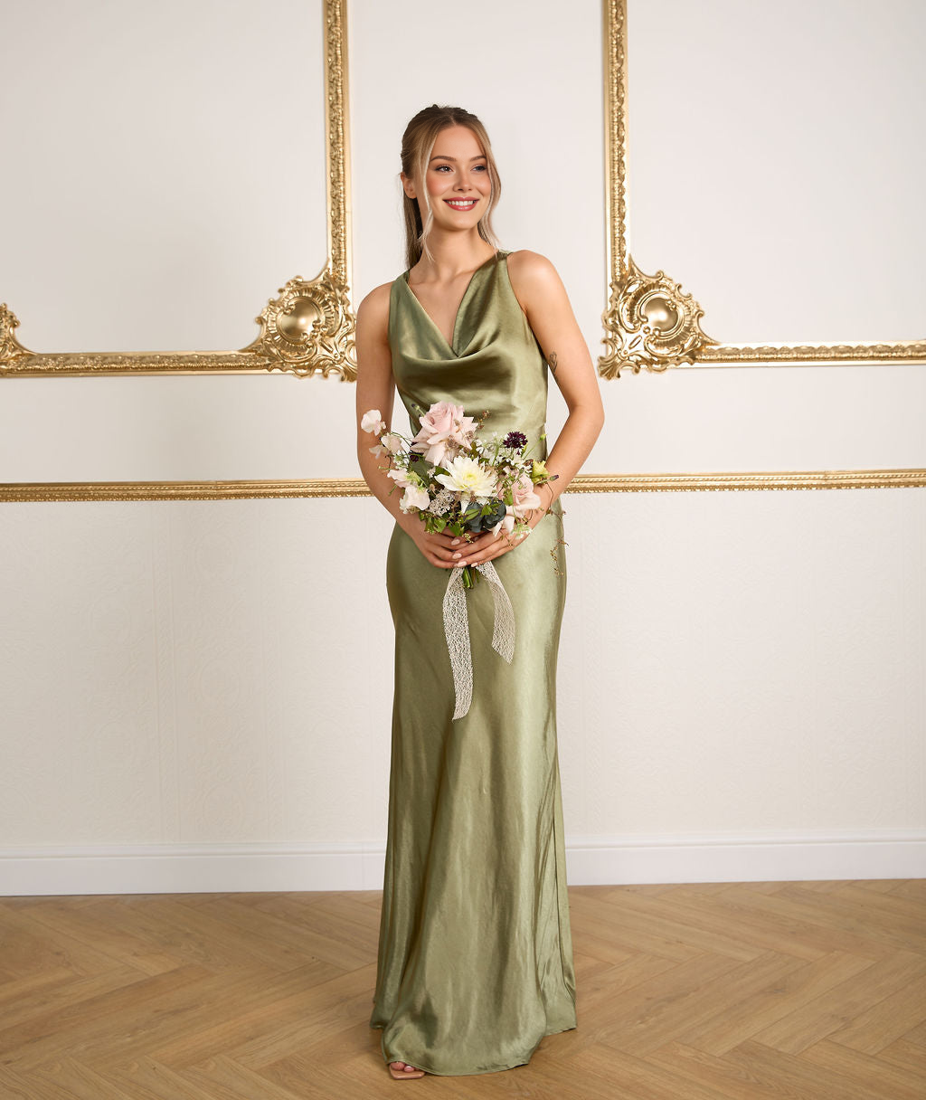Women's Satin Formal Gown Cowl Neckline Sleeveless Satin Floor length Wedding Bridesmaid Dress