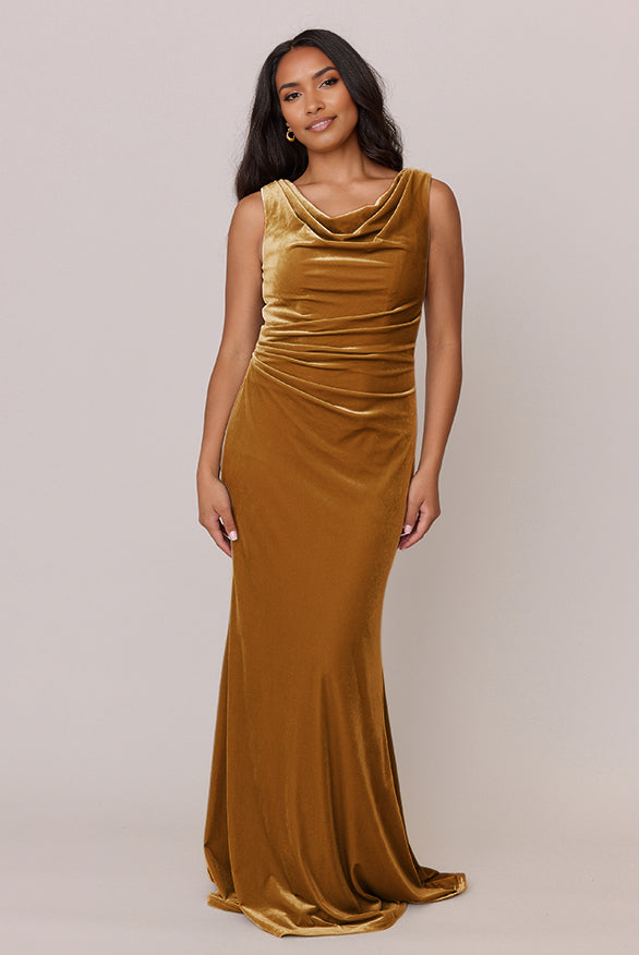 Mermaid Fall and Winter Elegant Velvet Plunging Neckline Bridesmaid Dress Floor length Keyhole Back Button Detail Evening Gown